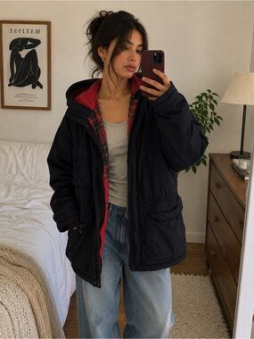 GAP 90s Vintage Navy Red Plaid Lined Hooded Utility Jacket Men’s Small